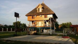 a large wooden house with a large roof at Old Fane's Lodge in Măraşu