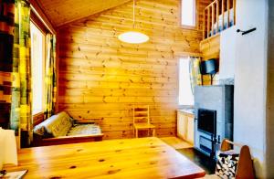a room with a wooden wall with a couch and a fireplace at Holiday Home Marina in Tahkovuori