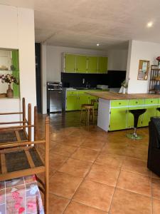 a kitchen with green cabinets and a table and chairs at F2 Tapu in Papeete