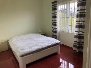Cama blanca en habitación con ventana en Greenheart appartment maximaal 3 pers 3 bedrooms 3 bathrooms, en Paramaribo