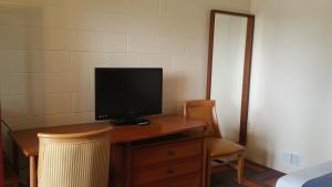 a room with a desk with a television on it at Thunder Bird Motel in Mountain Home