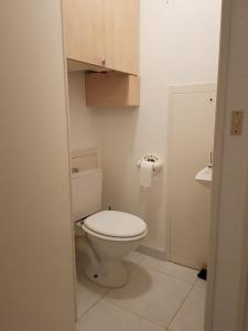 uma casa de banho com um WC branco e um lavatório. em Appartement Face a la Mer em Pornic