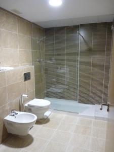 a bathroom with a shower and a toilet and a sink at Huerto del Medico in Reig +19 photos