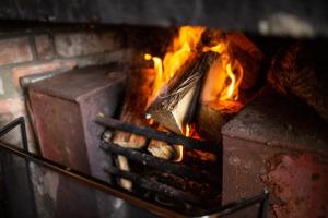 een vuur in een bakstenen oven met voedsel erin bij Corcreggan Mill Lodge in Dunfanaghy