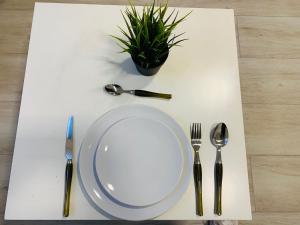 a white table with a plate and a plant on it at Estudio en Goya frente al wizink center in Madrid