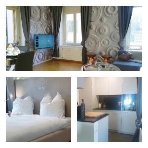 two pictures of a hotel room with a bed and a kitchen at Zurich Suite - your home away from home - with washer, dryer and lots of space in Zurich