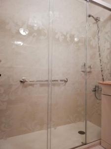 a shower with a glass door in a bathroom at Apartamento Tellería con parking gratis in Barakaldo