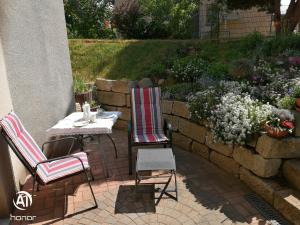 a patio with two chairs and a table and flowers at Ferienwohnung Törpsch in Pirna +2 photos