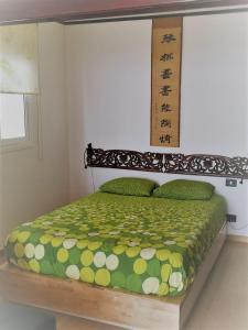um quarto com uma cama com um edredão verde e amarelo em Budda house Puerto del carmen. em Tías