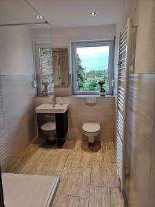 La salle de bains est pourvue de toilettes, d'un lavabo et d'une fenêtre. dans l'établissement Ferienwohnung "Burgpanorama" in der Südpfalz, à Leinsweiler