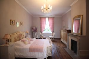 a bedroom with a bed and a fireplace and a chandelier at Bed & Breakfast au Château de Martinsart in Mesnil-Martinsart