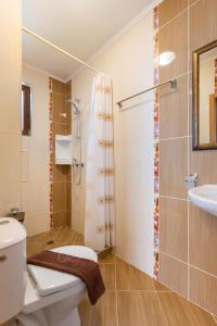a bathroom with a toilet and a shower and a sink at Apartments Flora 1 in Burgas +72 photos