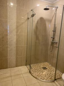 a bathroom with a shower with a glass door at Baltas apartamentas in Juodkrantė +4 photos