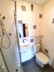 La salle de bains est pourvue de toilettes, d'un lavabo et d'une douche. dans l'établissement Apartamento Tossa de Mar, à Tossa de Mar