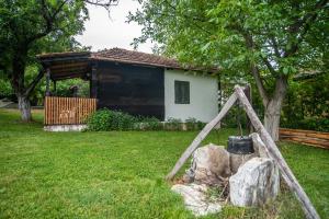 Lodge Morava في Vrnjačka Banja: منزل في ساحة مع دلو على صخرة