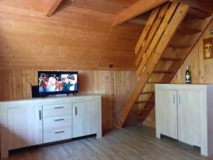ein Wohnzimmer mit einem TV im Dachgeschoss in der Unterkunft Chata v moravského krasu in Jedovnice