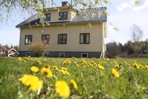 a house with a field of flowers in front of it at Rumskulla guesthouse in Vimmerby
