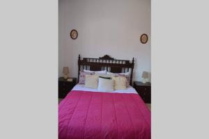 een slaapkamer met een groot bed en een roze deken bij Aegina House in Aegina Town