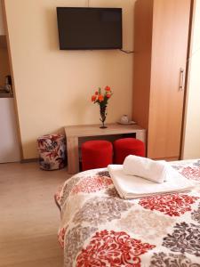 a room with a bed and a table with a tv at Apartmani Sara Trebinje in Trebinje
