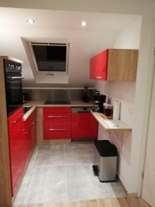a small kitchen with red cabinets and a tv at Emmerich s neu errichtete DG-Wohnung in Bad Wildungen