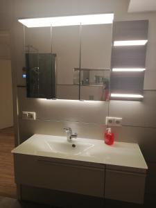 ein Badezimmer mit einem Waschbecken und einem großen Spiegel in der Unterkunft Emmerich s neu errichtete DG-Wohnung in Bad Wildungen