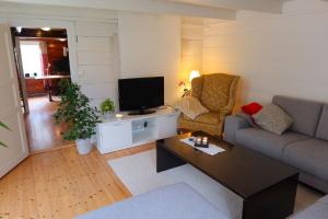 a living room with a couch and a tv at Det Hvite Hus in Feda