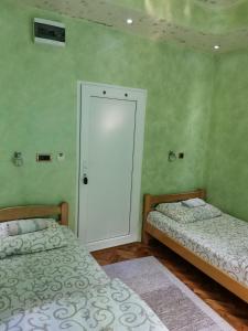 two beds in a room with green walls at Guest Accommodation Azucki in Novi Bečej