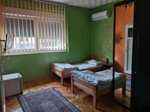 Habitación verde con 2 camas y espejo. en Guest Accommodation Azucki, en Novi Bečej