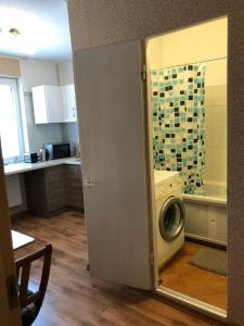 a kitchen with a washer and dryer in a room at Pearl of Imanta in Rīga