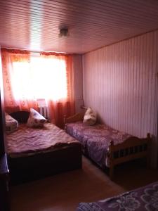 1 dormitorio con 2 camas y ventana en Rukavychka, en Yaremche
