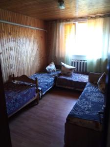 a room with two beds and a window in it at Rukavychka in Yaremche