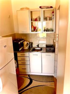 una piccola cucina con armadi bianchi e lavandino di Eco lodge apartment a Bar