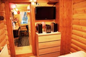 Kettu Holl Cottage في Taipalsaari: غرفة معيشة فيها تلفزيون وغرفة نوم