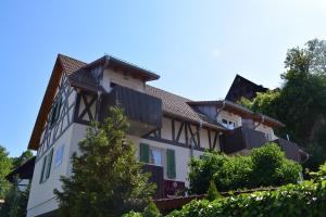 ein Haus auf einem Hügel mit Bäumen in der Unterkunft Wagners Aparthotel in Sasbachwalden