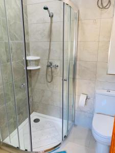 La salle de bains est pourvue d'une cabine de douche et de toilettes. dans l'établissement Hostel Malti Budget, à San Ġiljan