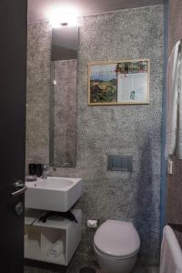a bathroom with a sink and a toilet and a mirror at Villa Covela in Baião +23 photos