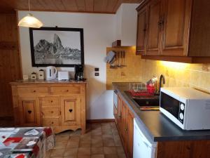 a kitchen with a counter top and a microwave at Les Saisies coté Légette appartement dans chalet LE NEPAL in Les Saisies