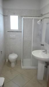 a bathroom with a shower and a toilet and a sink at Ostello di Montefiorino in Montefiorino