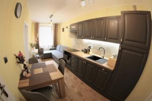 a kitchen and living room with a couch and a table at Apartamenty Zielone Centrum in Stronie Śląskie