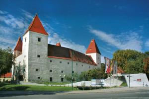 een groot wit gebouw met een rood dak bij Villa Nina in Orth an der Donau