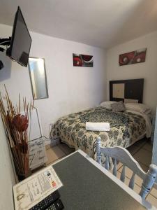 a bedroom with a bed and a desk with a computer at MINI HOTEL San Luis Potosí in San Luis Potosí