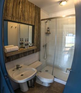 een badkamer met een wastafel, een toilet en een douche bij Kau Lodge in Puerto Natales