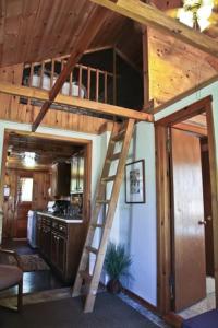 a loft bed in a house with a kitchen at Cabin #7 - Northwoods Retreat cabin in Carp Lake