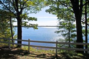 a view of a lake from a fence at Cabin #5 - Times Square in Carp Lake