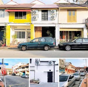 un collage di foto di auto parcheggiate di fronte agli edifici di Rimba Jonker, Melaka Heritage Residance a Malacca