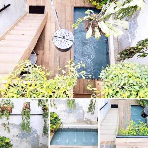 馬六甲的住宿－Rimba Jonker, Melaka Heritage Residance，花园中带楼梯和门的照片拼合在一起