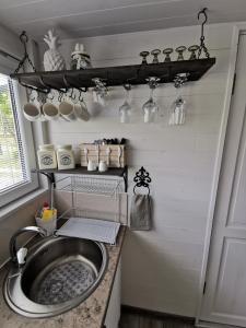 a kitchen with a sink and a shelf with pots and pans at Vārpas in Kolka