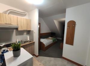 uma cozinha com um lavatório e um quarto com uma cama em ApartHotel Arkadia em Plock