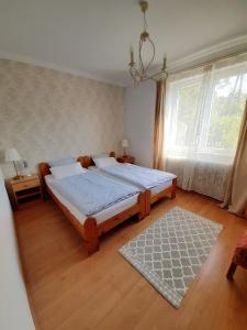a bedroom with a bed and a large window at Apartman Nikol in Tihany