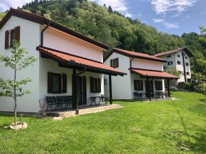 a white house with a grassy yard in front at Vila Noblesa Apartmaji in Most na Soči